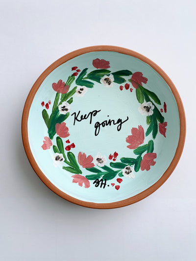 Keep Going Floral Wreath Hand painted Trinket Dish - 5 in