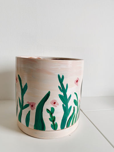 Here Comes The Sun Round Floral Hand painted Planter Pot 012 - 6.5 in