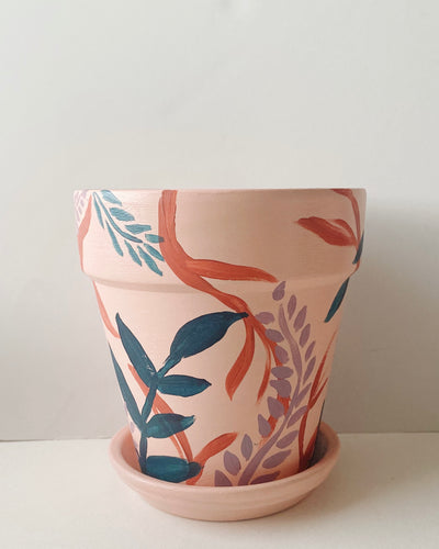 Pink Leaves Hand painted Planter Pot 009- 5.5 in